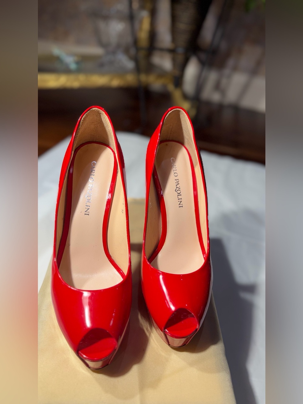 Red Patent Peep-Toe Heels